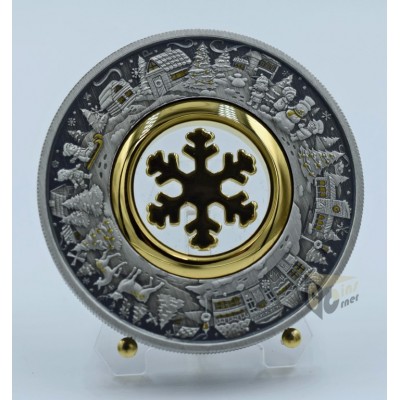Australian 2021 Christmas Wonderland Antique 2 Oz Silver Coin with 24K Gold Rotating Snowflake