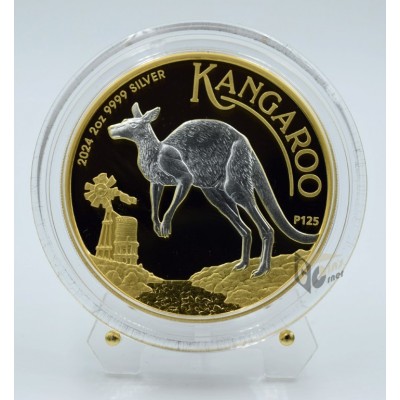 Australian 2024 Kangaroo Proof - 24K Gold Gilded 2 Oz Silver Coin