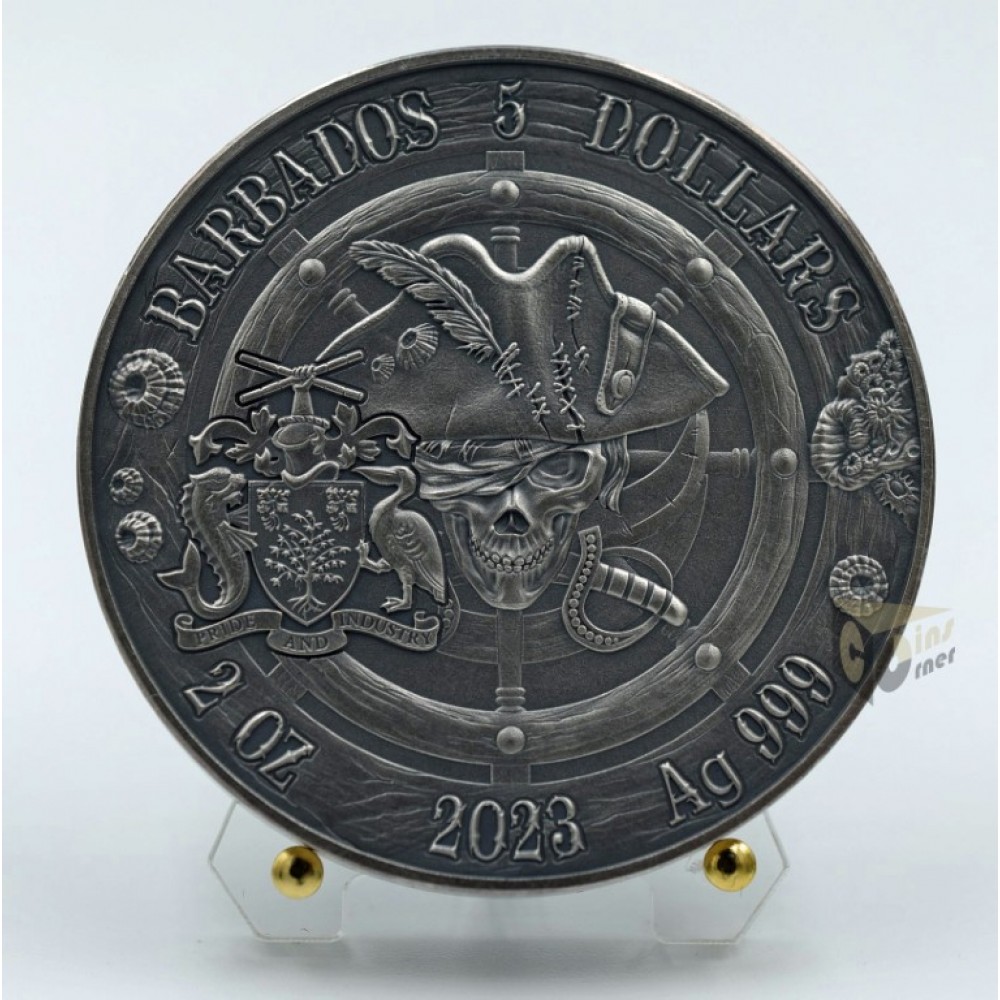  Barbados 2023 Queen Anne's Revenge Captains of Fortune Series 2 oz Antique Finish High Relief Silver Coin