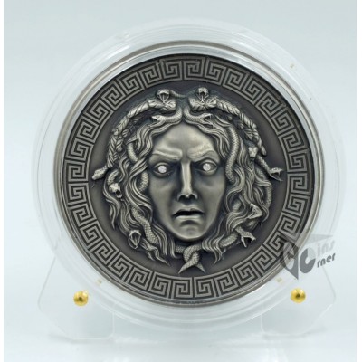 Cameroon 2019 Medusa Diamonds 3 Oz Silver High Relief Antique Finish Coin with 2 Diamonds Insert