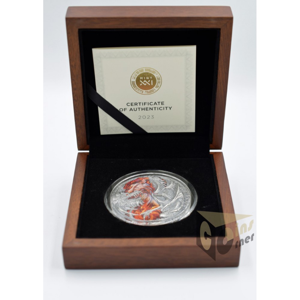 Cameroon 2023 Flaming Wyvern Dragonology Series 2 Oz Silver High Relief Colorized Coin 