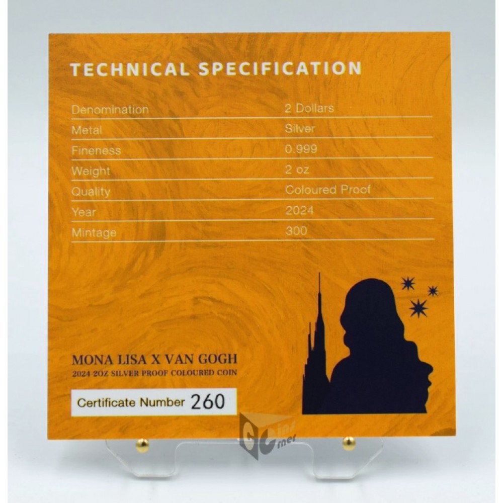 Fiji 2024 Mona Lisa x Van Gogh 2 oz Silver Prooflike Colorized Coin Bar