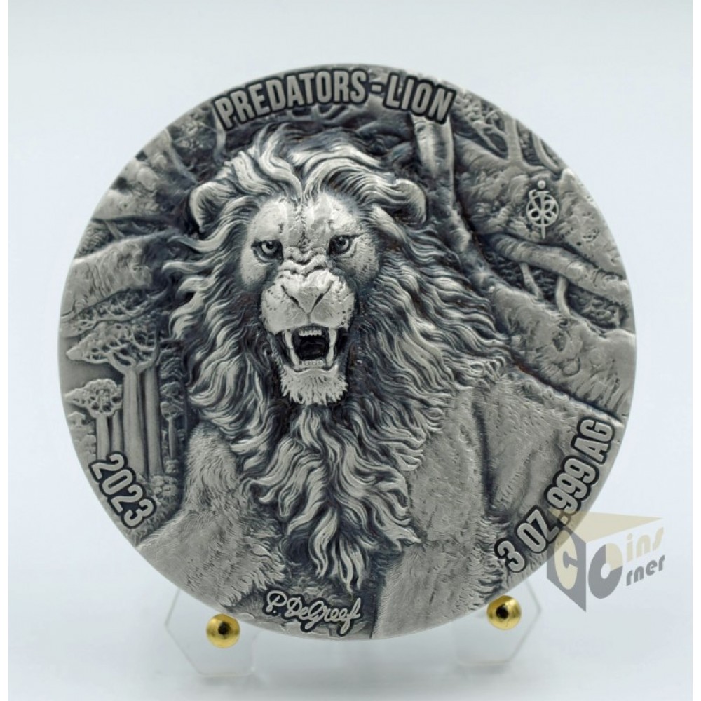 Ivory Coast 2023 Predators Lion 3 oz Ultra High Relief Antique finish Silver Coin