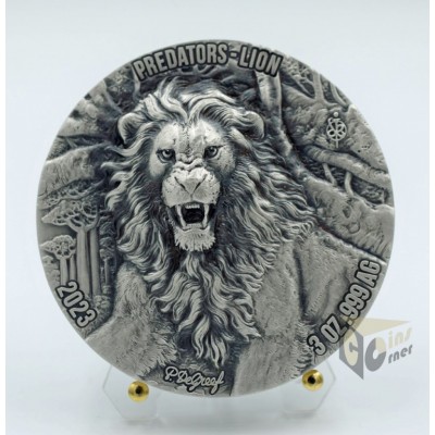 Ivory Coast 2023 Predators Lion 3 oz Ultra High Relief Antique finish Silver Coin