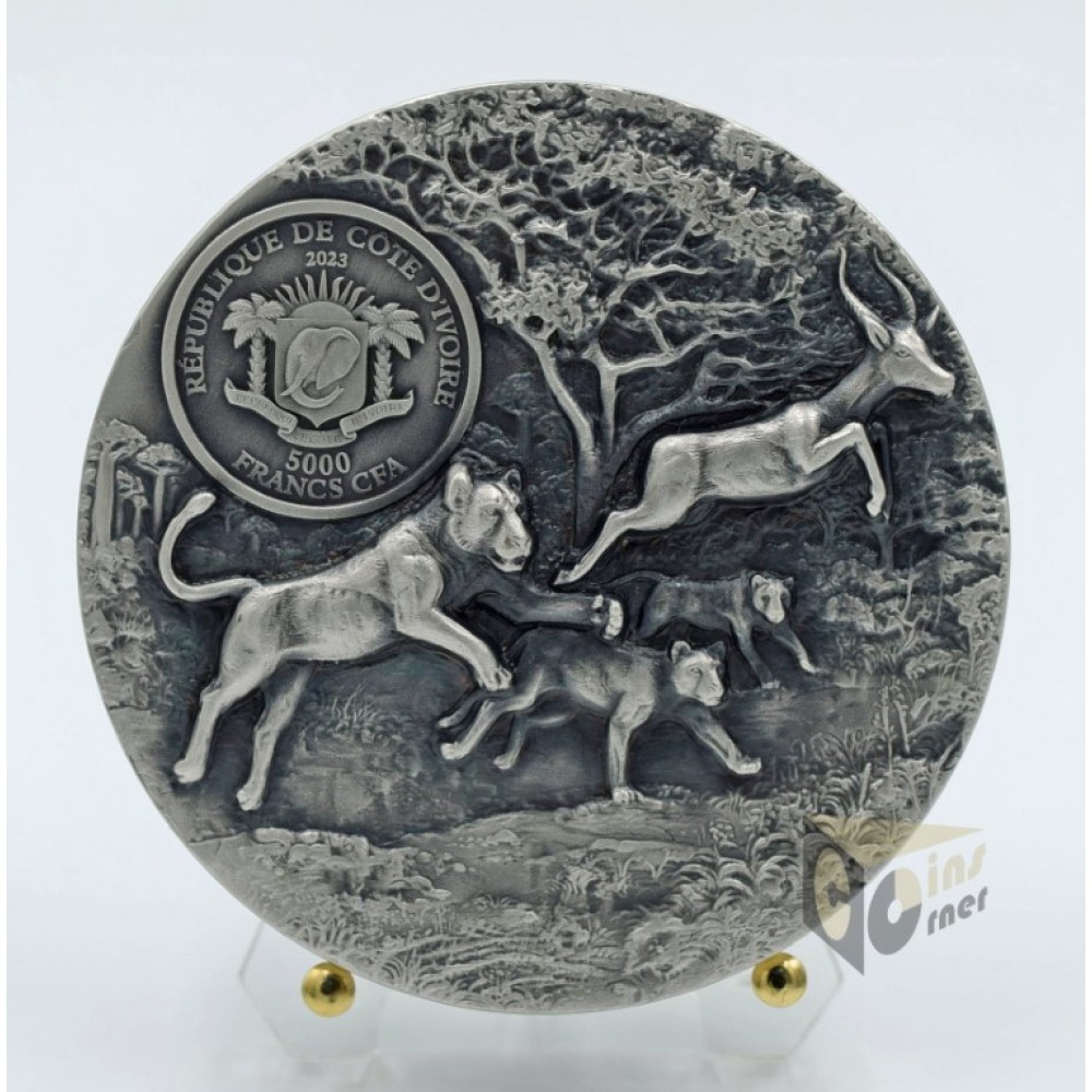 Ivory Coast 2023 Predators Lion 3 oz Ultra High Relief Antique finish Silver Coin