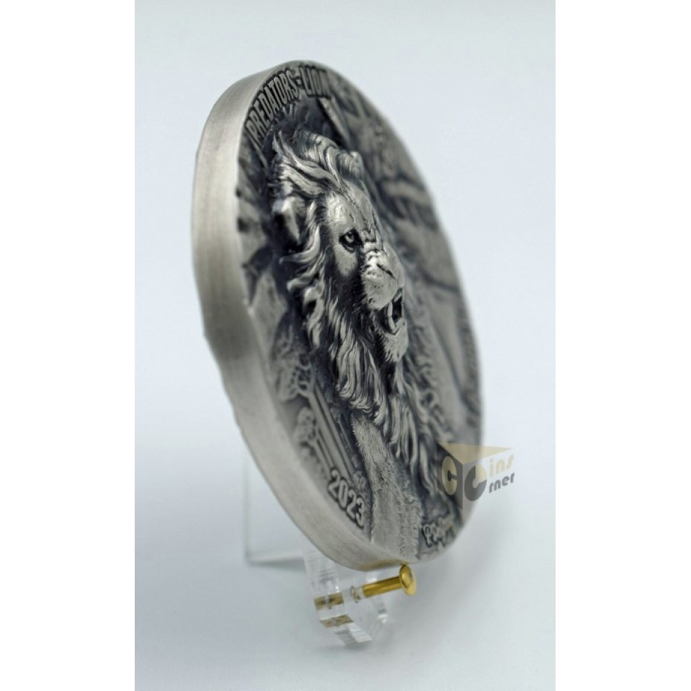 Ivory Coast 2023 Predators Lion 3 oz Ultra High Relief Antique finish Silver Coin