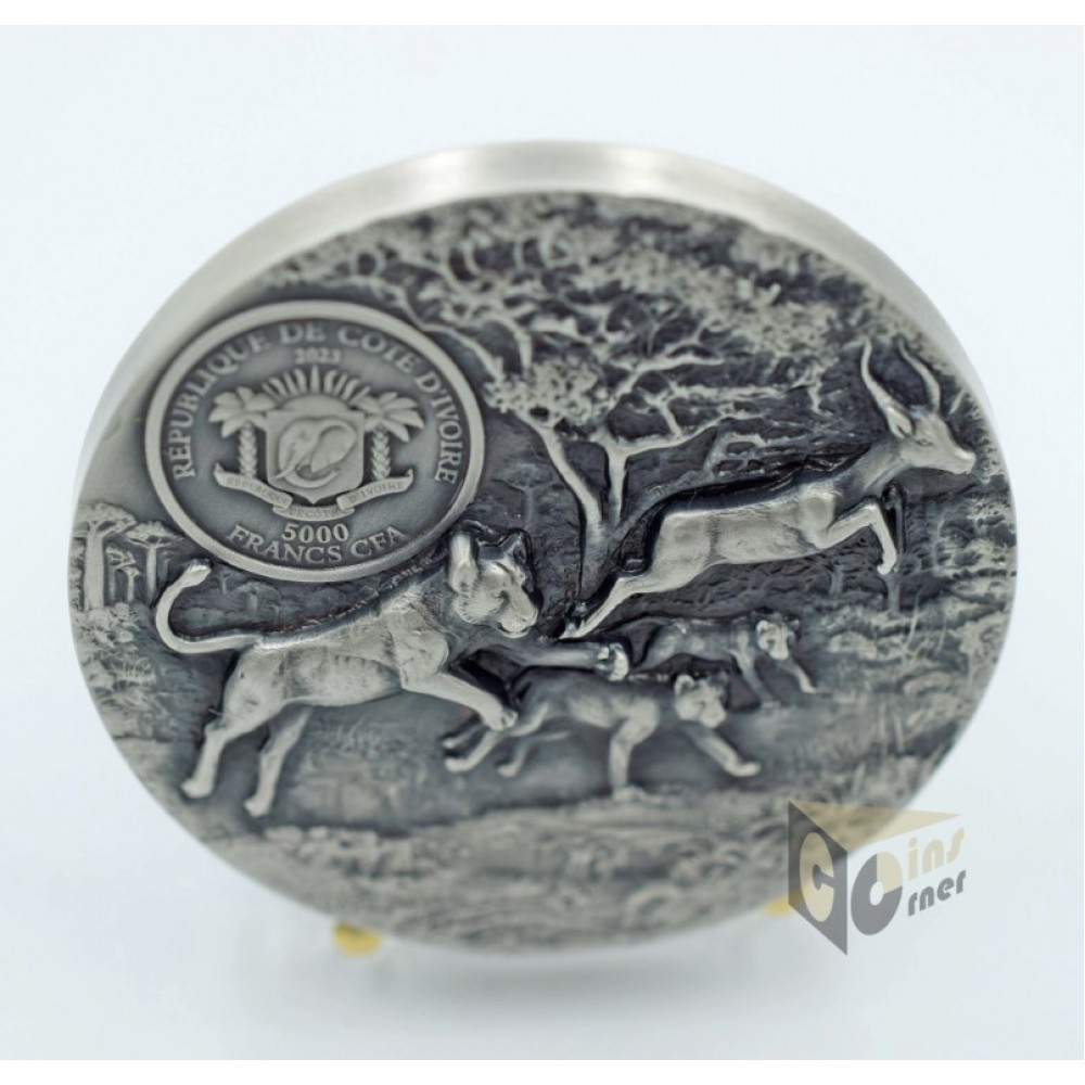 Ivory Coast 2023 Predators Lion 3 oz Ultra High Relief Antique finish Silver Coin