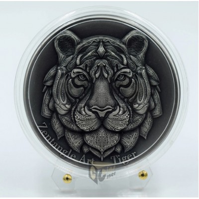 Niue 2021 Tiger Zentangle Art Series 2 Oz Silver High Relief Antique Finish Coin
