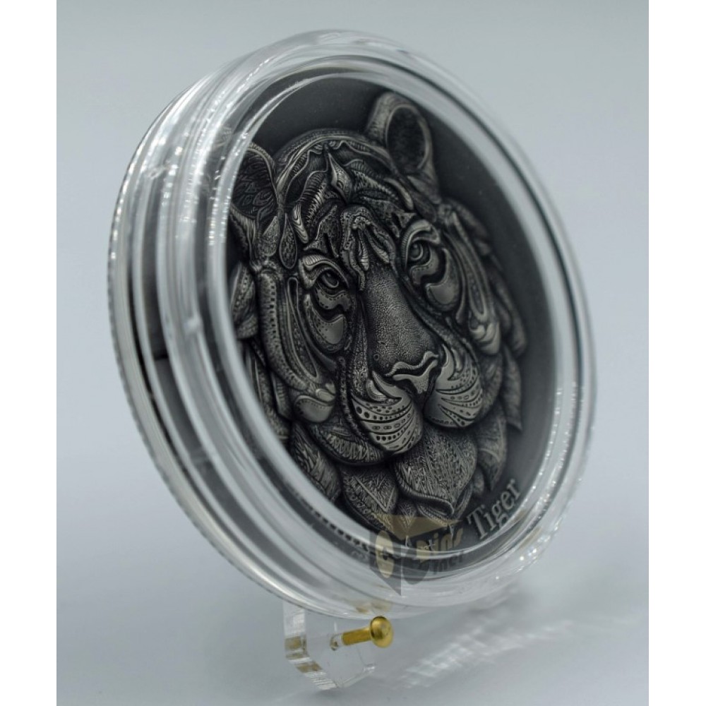 Niue 2021 Tiger Zentangle Art Series 2 Oz Silver High Relief Antique Finish Coin