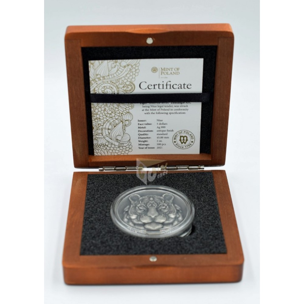 Niue 2021 Tiger Zentangle Art Series 2 Oz Silver High Relief Antique Finish Coin