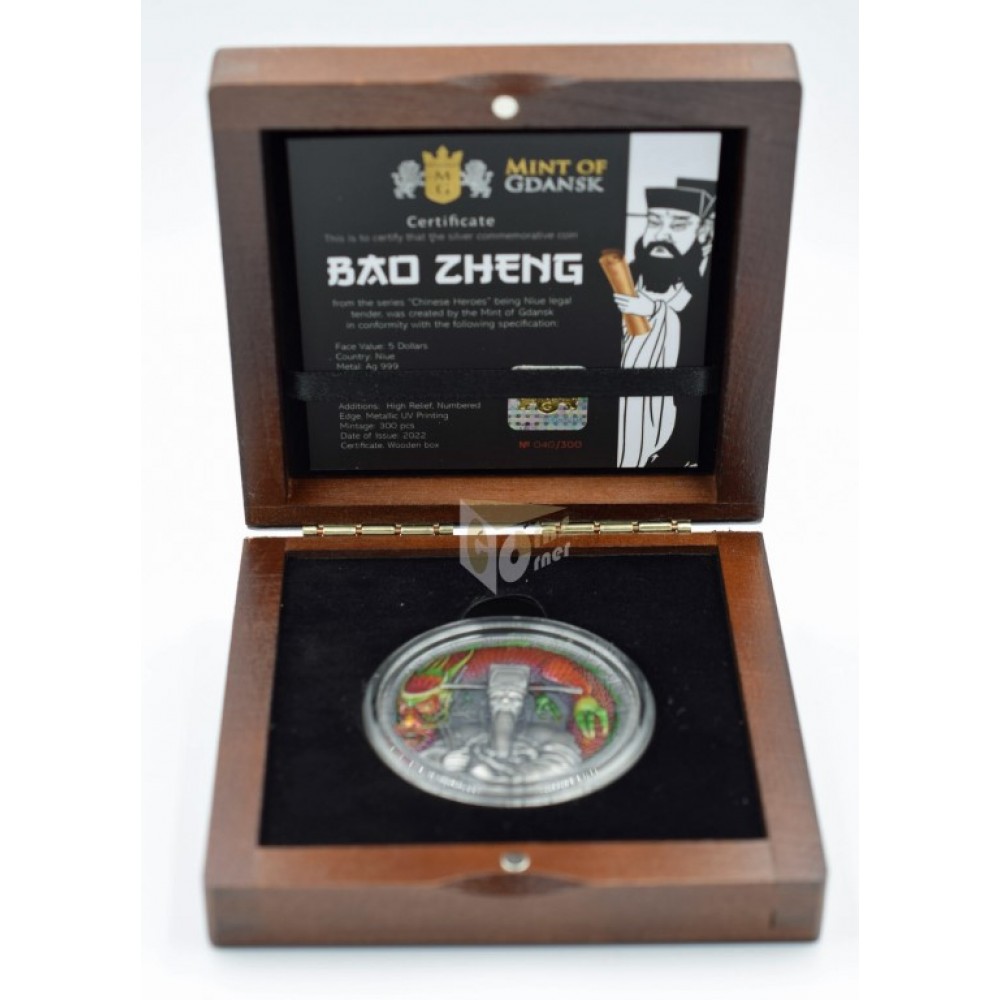 Niue 2022 Bao Zheng Chinese Heroes 2 Oz Silver High Relief Antique Finish Colorized Coin