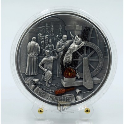 Niue 2023 Inquisition Mistakes of Mankind 2 Oz Silver High Relief Antique Finish Colorized Coin