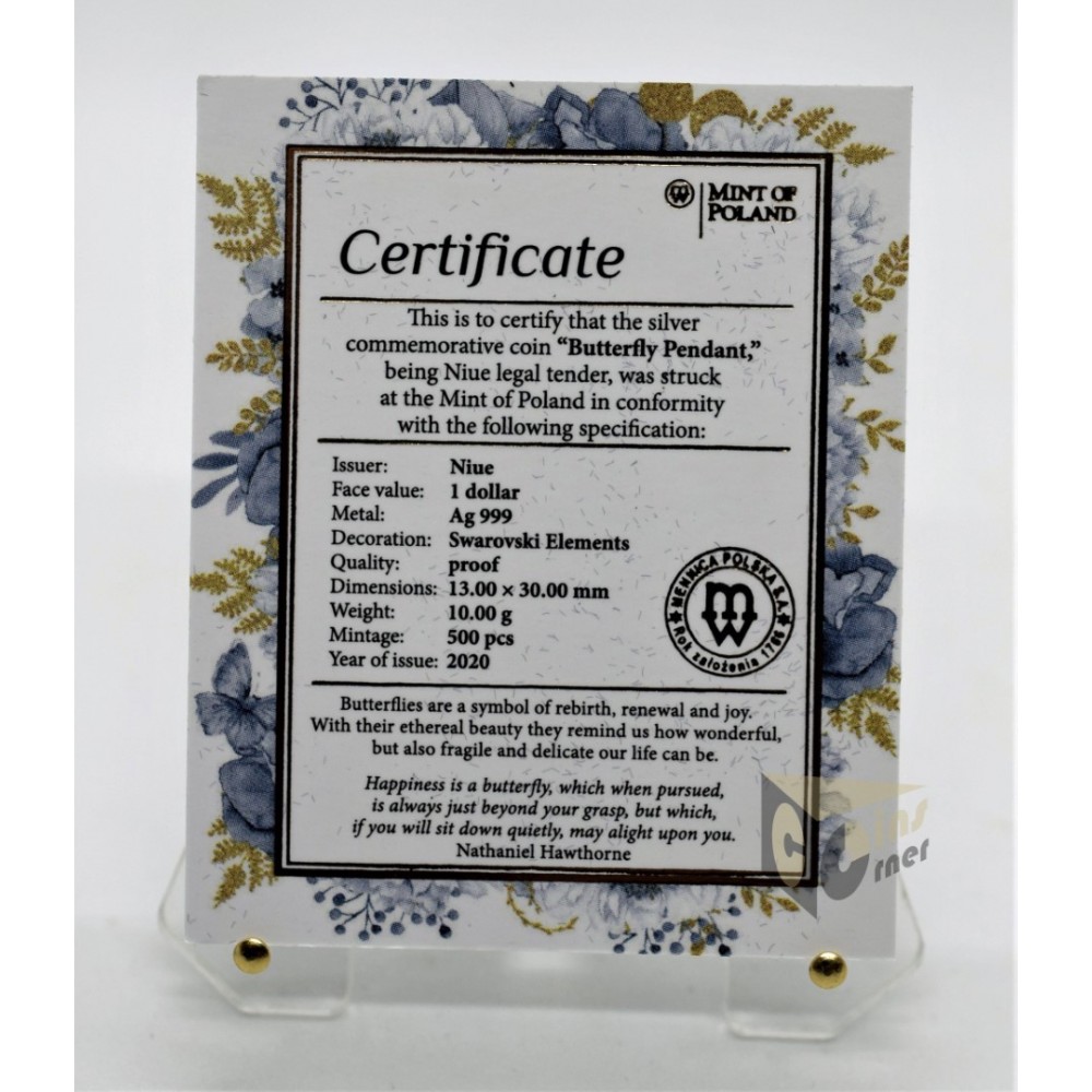 Butterfly Pendant  Proof  Swarovski Butterfly Insert - 2020 Niue