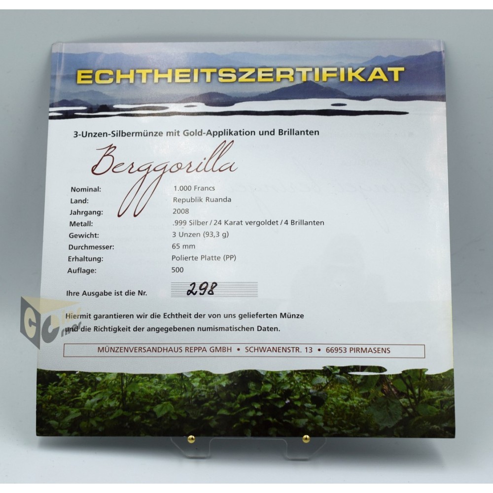 Mountain Gorilla 3 Oz Proof with 4 Diamonds insert - 2008 Rwanda