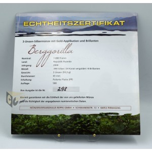 Mountain Gorilla 3 Oz Proof with 4 Diamonds insert - 2008 Rwanda