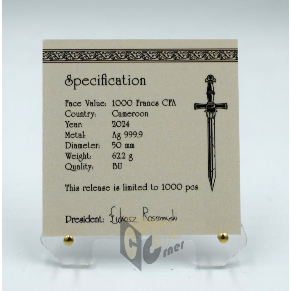  Cameroon 2024 Sword of Destiny - The Witcher Book Series - 2 oz Silver Coin