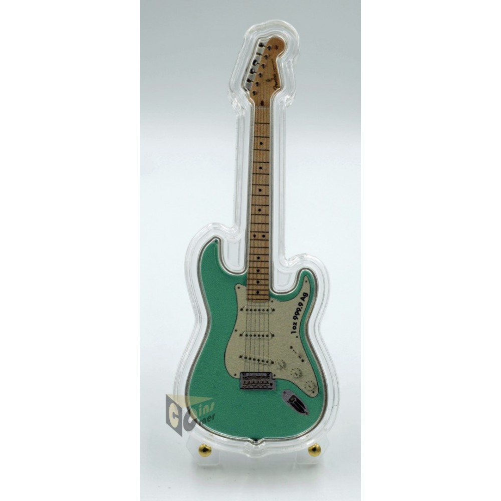 Solomon Islands 2022 Fender Statocaster Surf Green Guitar 1 Oz Proof Guitar Shape Silver Coin