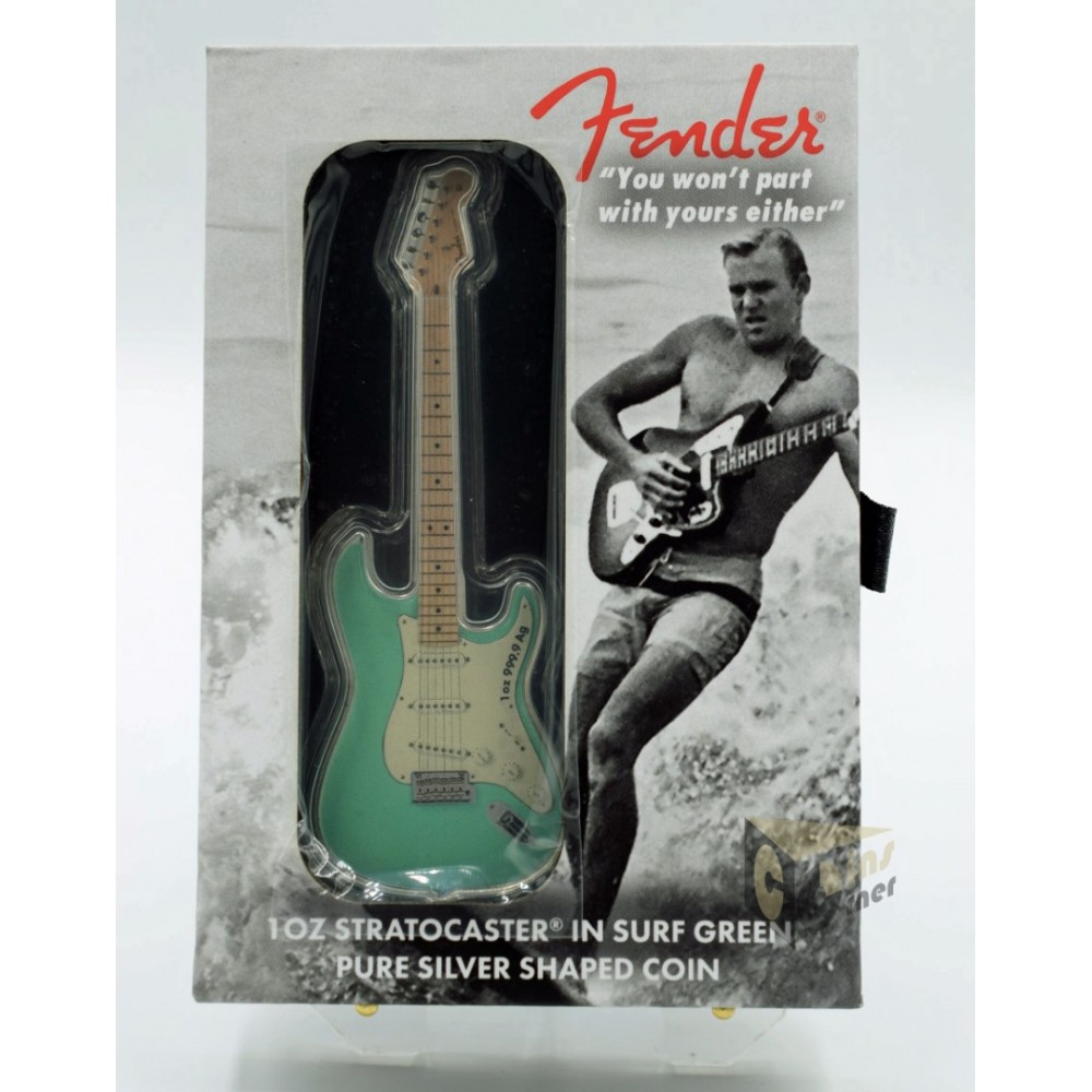 Solomon Islands 2022 Fender Statocaster Surf Green Guitar 1 Oz Proof Guitar Shape Silver Coin