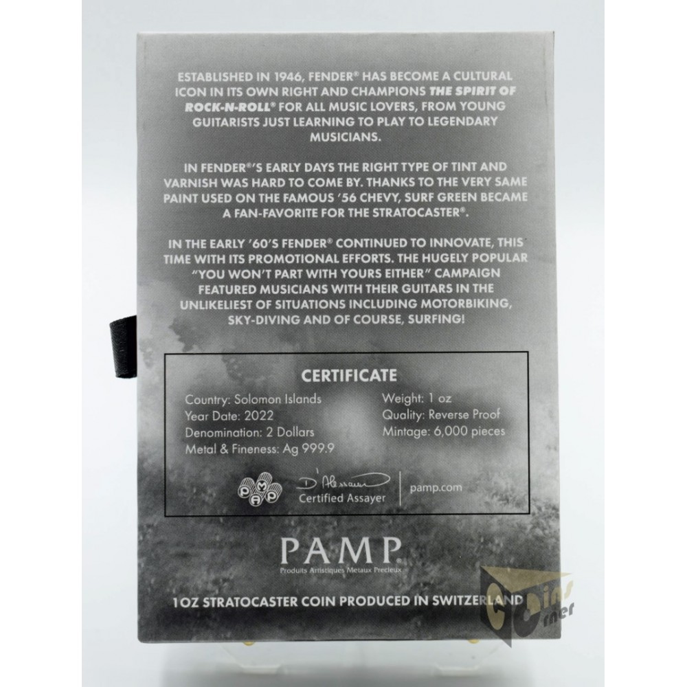 Solomon Islands 2022 Fender Statocaster Surf Green Guitar 1 Oz Proof Guitar Shape Silver Coin