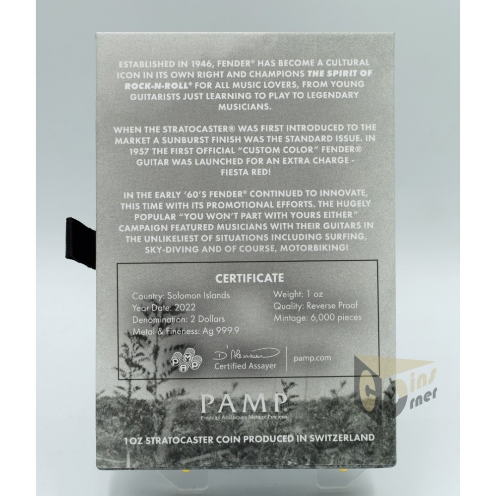 Solomon Islands 2022 Fender Statocaster Fiesta Red Guitar 1 Oz Proof Guitar Shape Silver Coin 