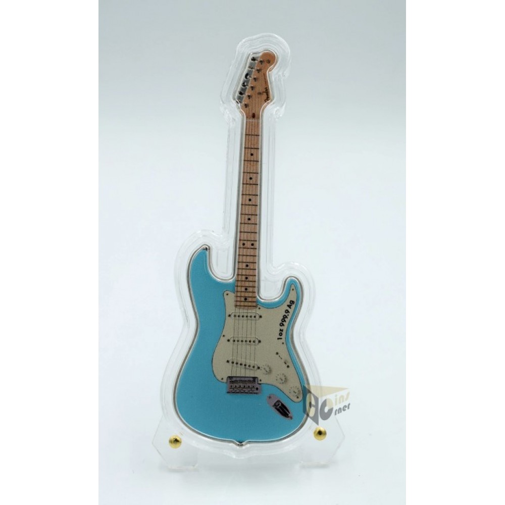 Solomon Islands 2023 Fender Statocaster Daphne Blue Guitar 1 Oz Proof Guitar Shape Silver Coin 