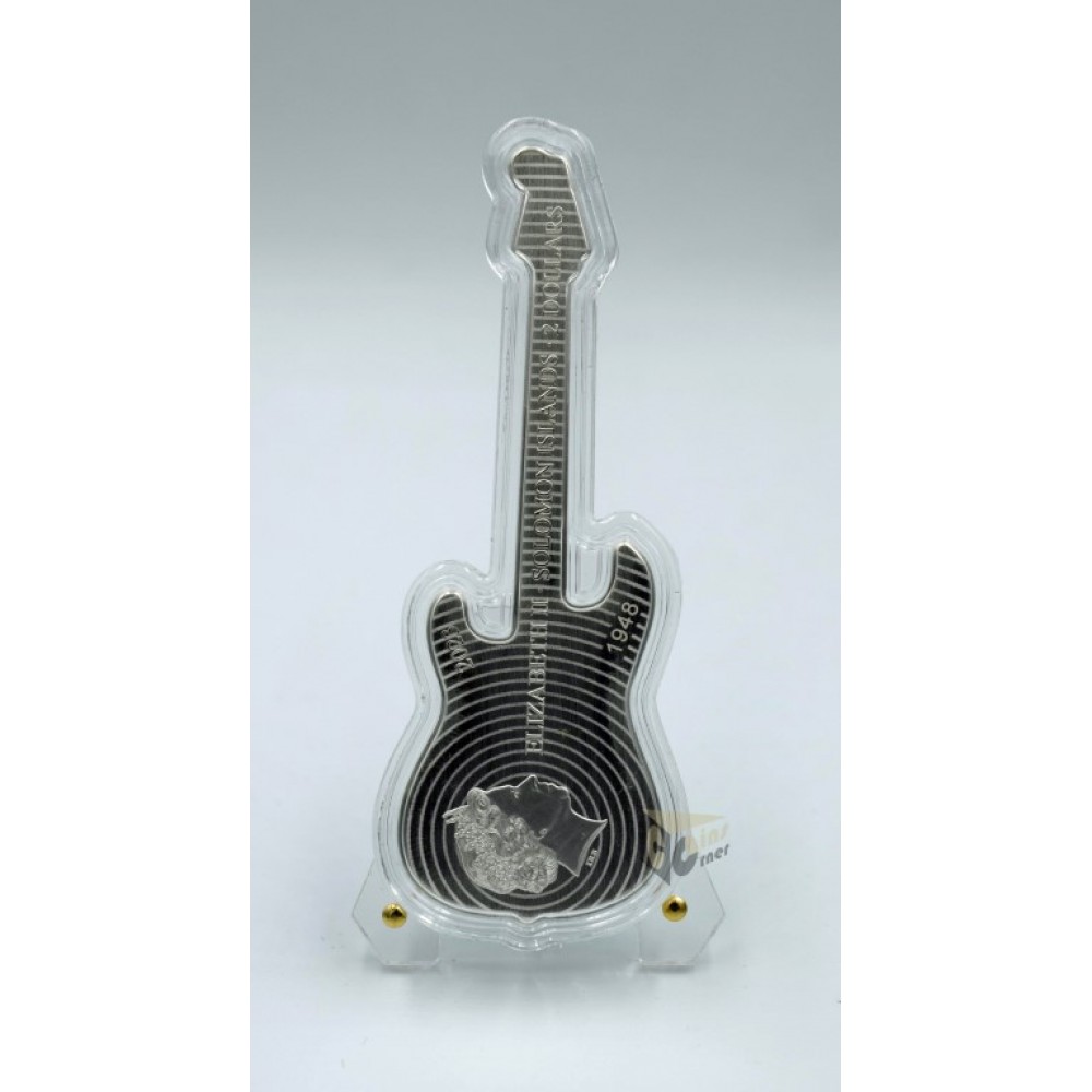 Solomon Islands 2023 Fender Statocaster Daphne Blue Guitar 1 Oz Proof Guitar Shape Silver Coin 