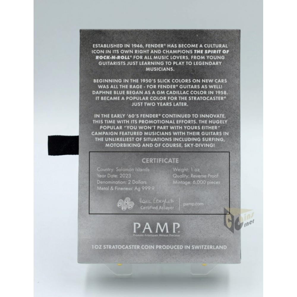 Solomon Islands 2023 Fender Statocaster Daphne Blue Guitar 1 Oz Proof Guitar Shape Silver Coin 