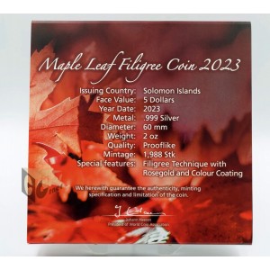 Filigree Maple Leaf 2 Oz- 2023 Solomon Islands
