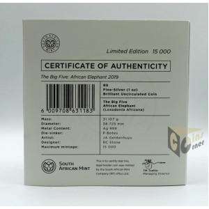 Elephant The Big Five  1 Oz - 2019 South Africa 