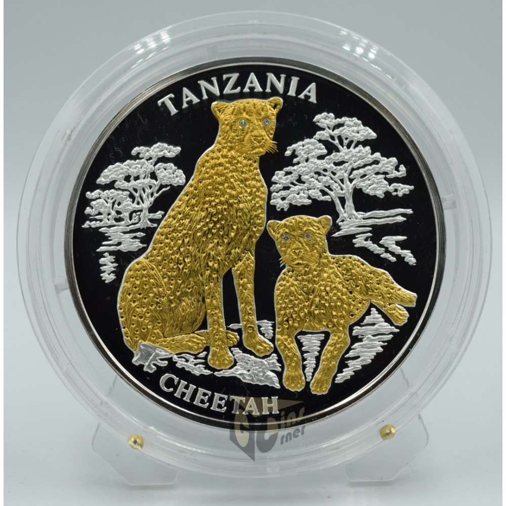 Cheetah 3 Oz Proof with 4 Diamonds insert - 2005 Tanzania