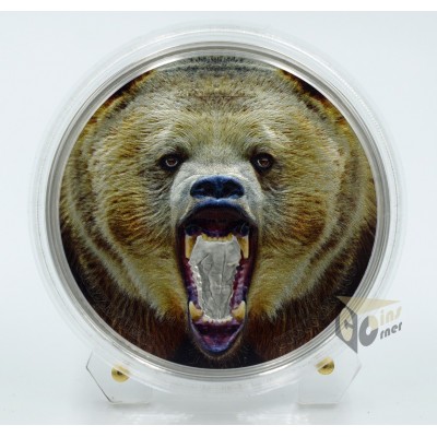 American Grizzly Bear Rare Wildlife  2 Oz Proof High Relief Colorized - 2020 Tanzania